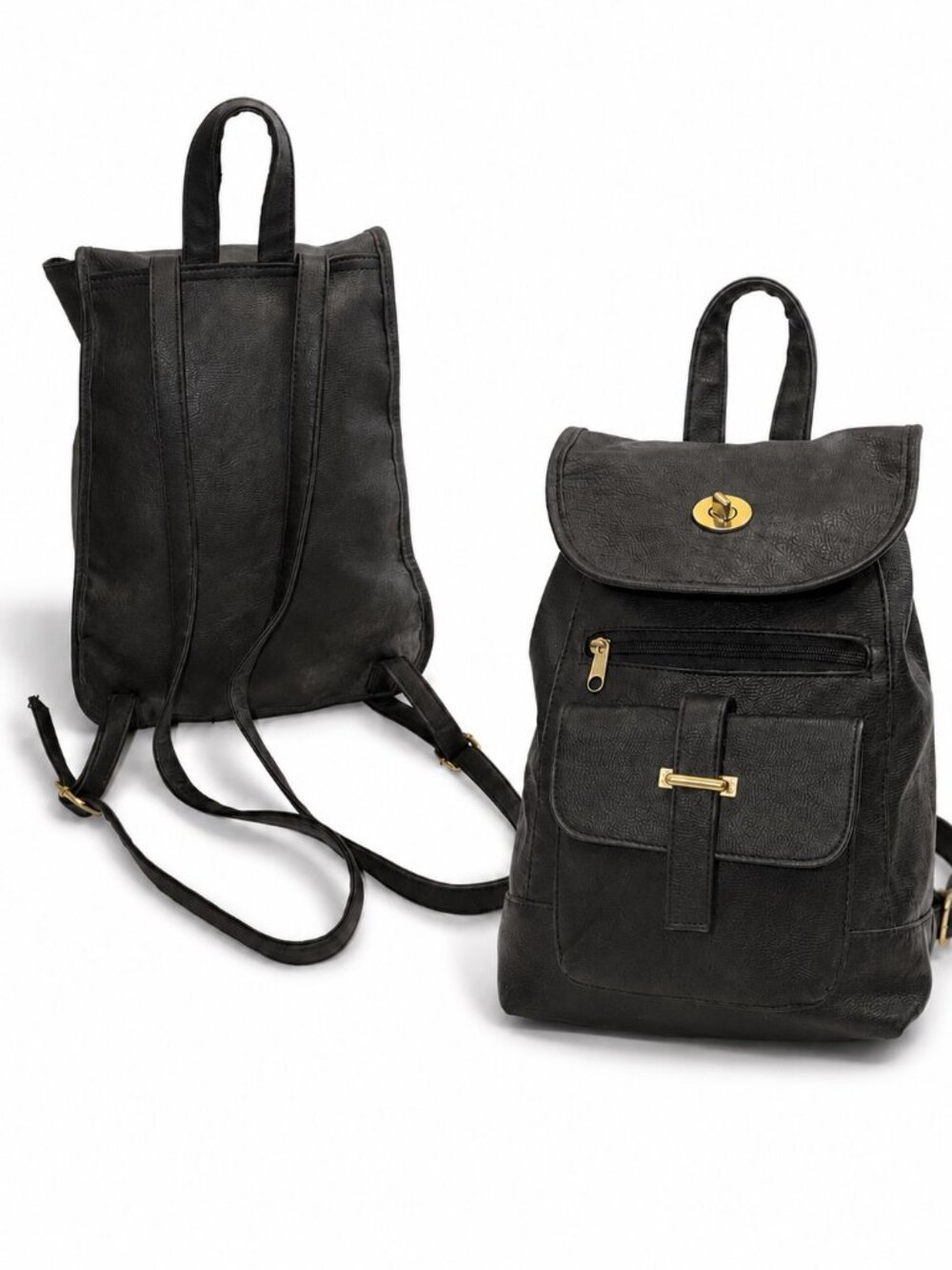 Black Faux Leather Backpack – Gold Tone Hardware